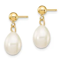 A pair of gold ball stud earrings with textured link connectors suspending white teardrop pearls.