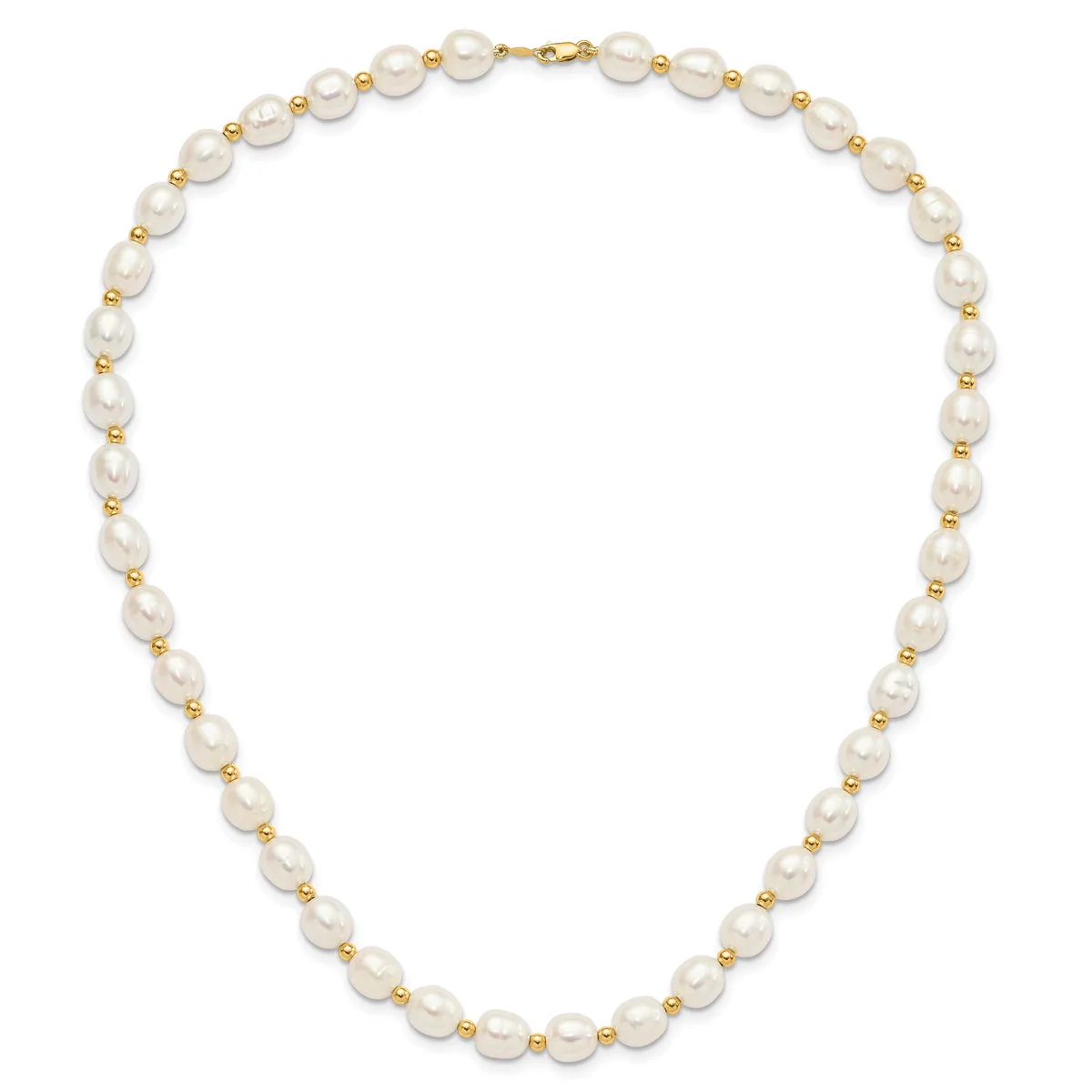 A pearl necklace with alternating white baroque pearls and small gold-tone beads, featuring a gold clasp.