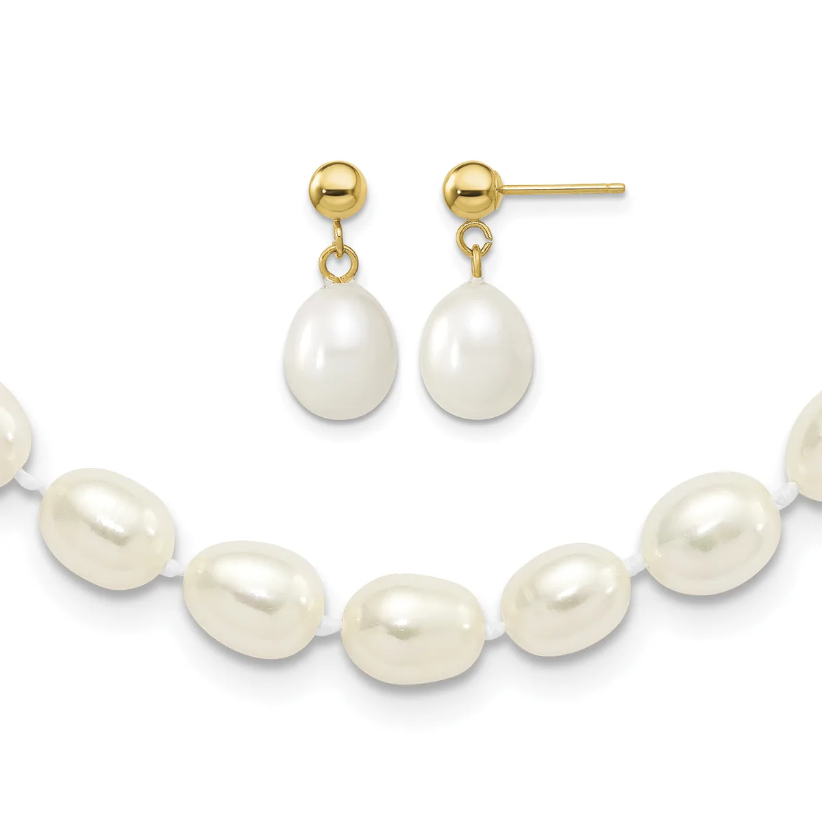 Gold ball stud earrings with dangling white pearl drops, displayed above a matching bracelet of connected white pearls with gold spacers.
