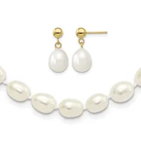 Gold ball stud earrings with dangling white pearl drops, displayed above a matching bracelet of connected white pearls with gold spacers.