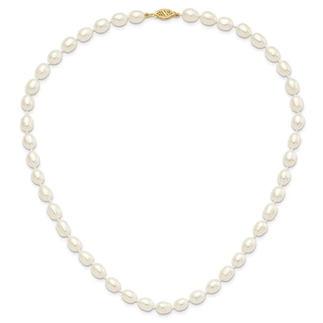 A string of white oval pearls with a gold-toned clasp, displayed as a necklace against a white background.