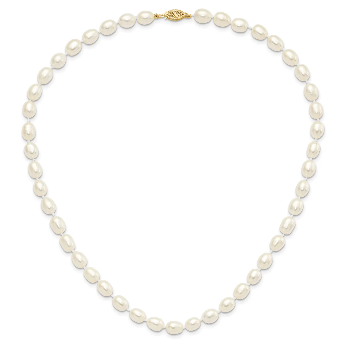 A string of white oval pearls with a gold-toned clasp, displayed as a necklace against a white background.