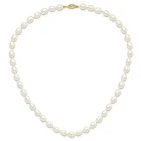 A string of white oval pearls with a gold-toned clasp, displayed as a necklace against a white background.