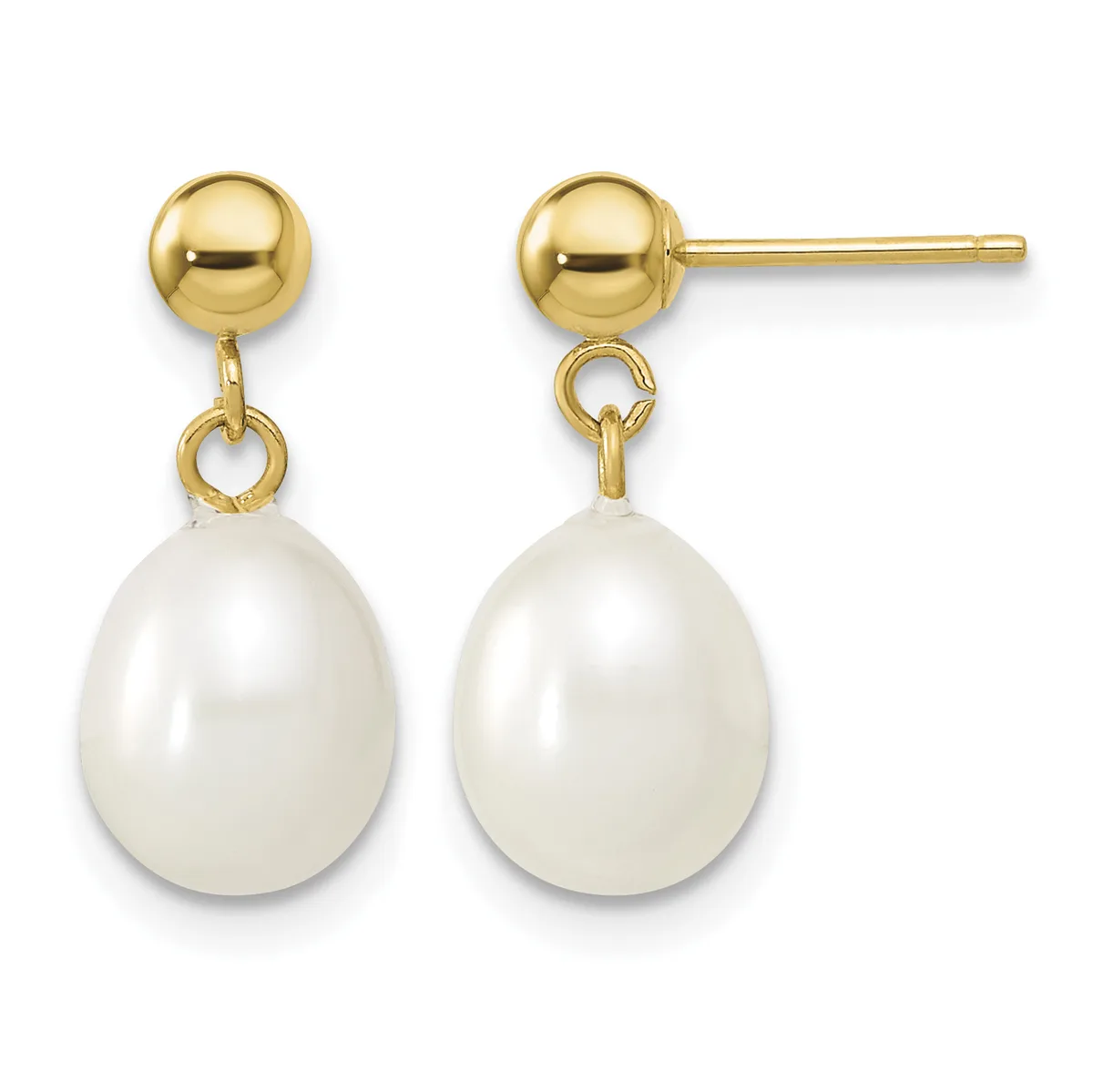 A pair of gold ball stud earrings with white pearl drops hanging from small loops.