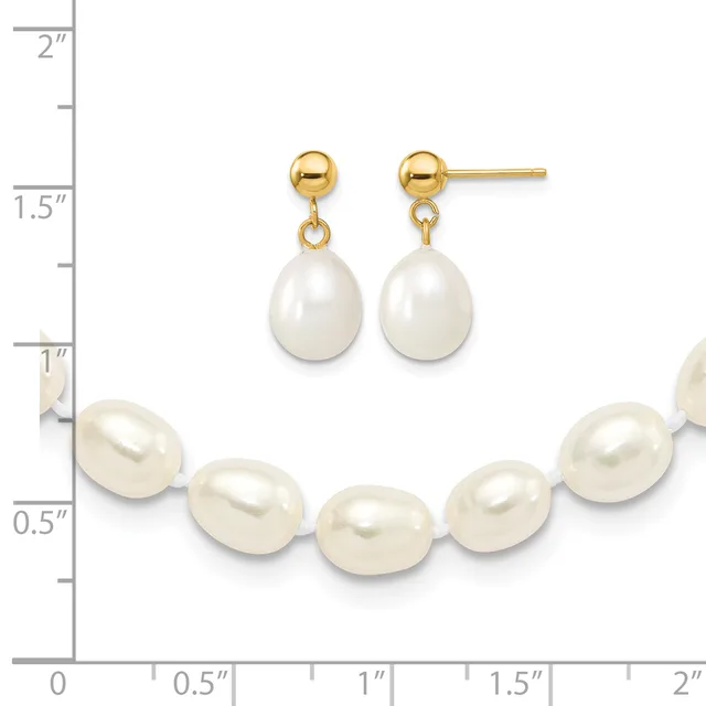 A gold-toned pearl jewelry set consisting of a bracelet with five oval white pearls connected by small beads, and matching drop earrings with round gold balls and teardrop pearls.