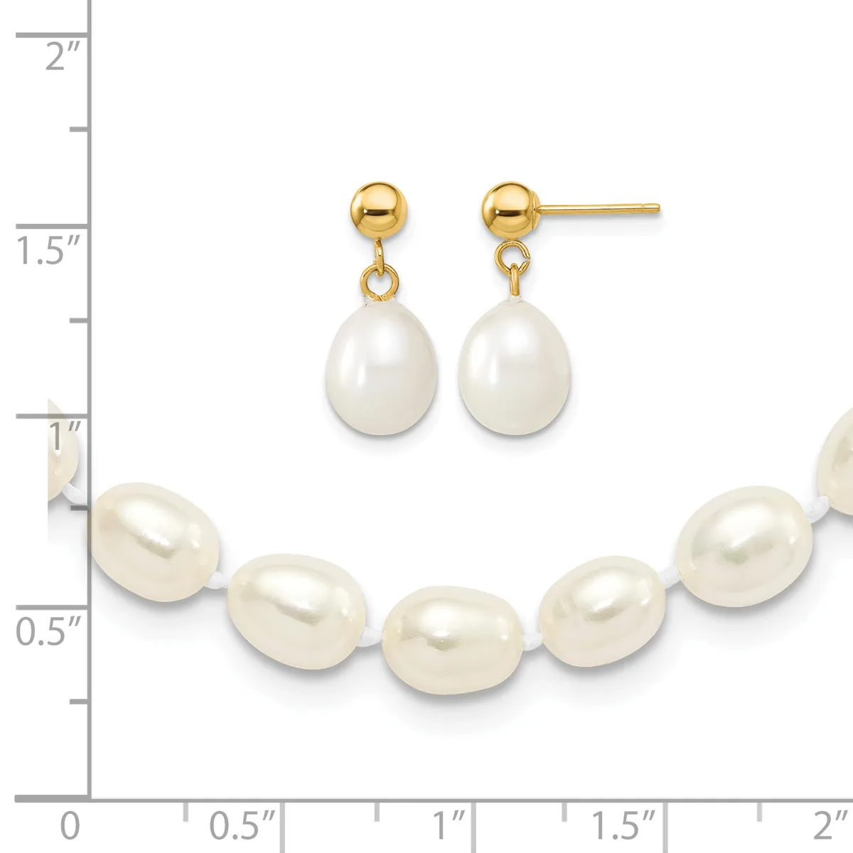 A gold-toned pearl jewelry set consisting of a bracelet with five oval white pearls connected by small beads, and matching drop earrings with round gold balls and teardrop pearls.
