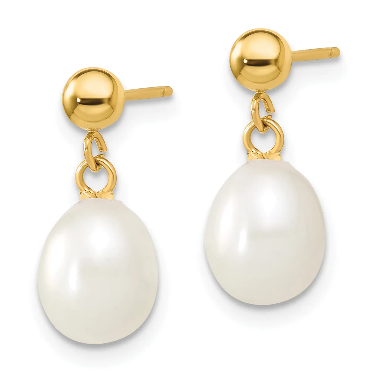 A pair of gold stud earrings with round polished ball posts connected by textured jump rings to white teardrop-shaped pearl pendants.