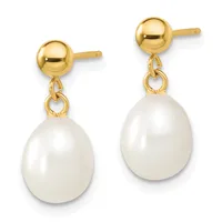 A pair of gold stud earrings with round polished ball posts connected by textured jump rings to white teardrop-shaped pearl pendants.