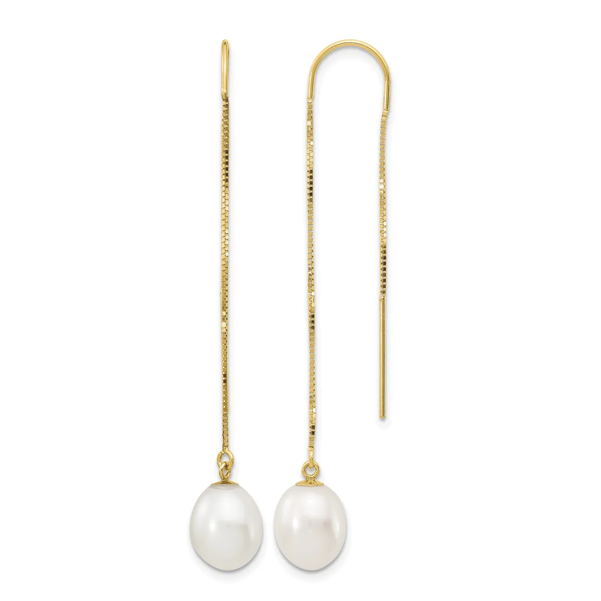 Gold threader earrings with white pearl drops, shown as a pair with one earring displayed straight and one curved to show the threading mechanism.