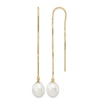 Gold threader earrings with white pearl drops, shown as a pair with one earring displayed straight and one curved to show the threading mechanism.