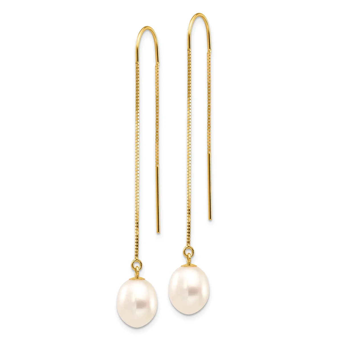 Pair of gold threader earrings with long delicate chains and white pearl drops suspended from curved wire tops.