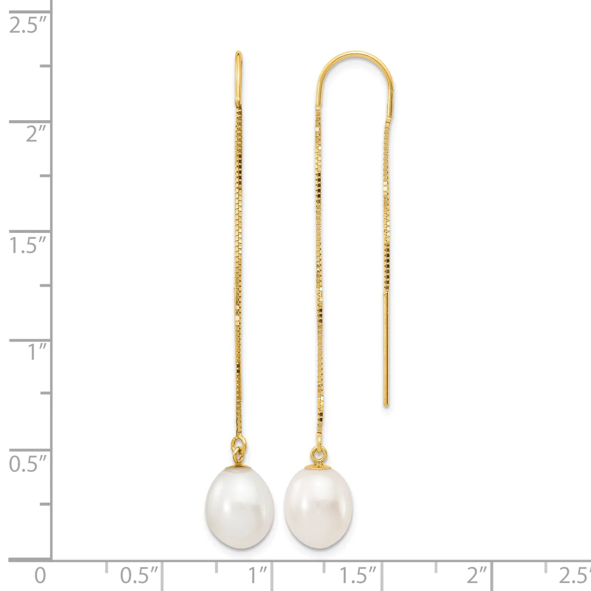 Two gold threader earrings with white pearl drops, displayed against a measurement scale showing they are approximately two inches long.