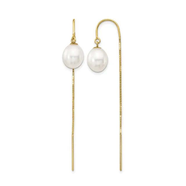 A pair of gold threader earrings with white pearl drops, shown from front and side views against a white background.