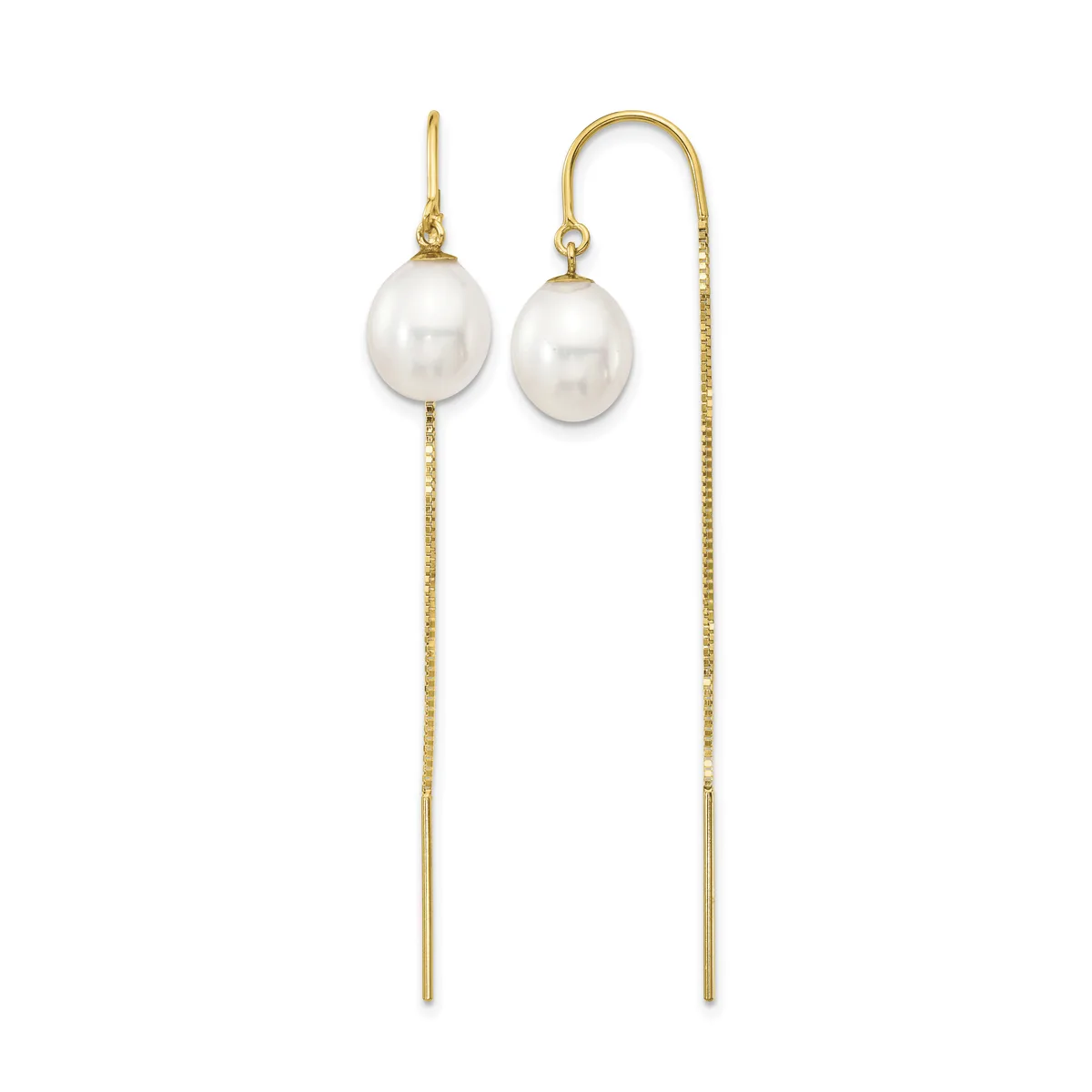 A pair of gold threader earrings with white pearl drops, shown from front and side views against a white background.