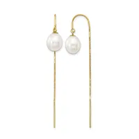A pair of gold threader earrings with white pearl drops, shown from front and side views against a white background.