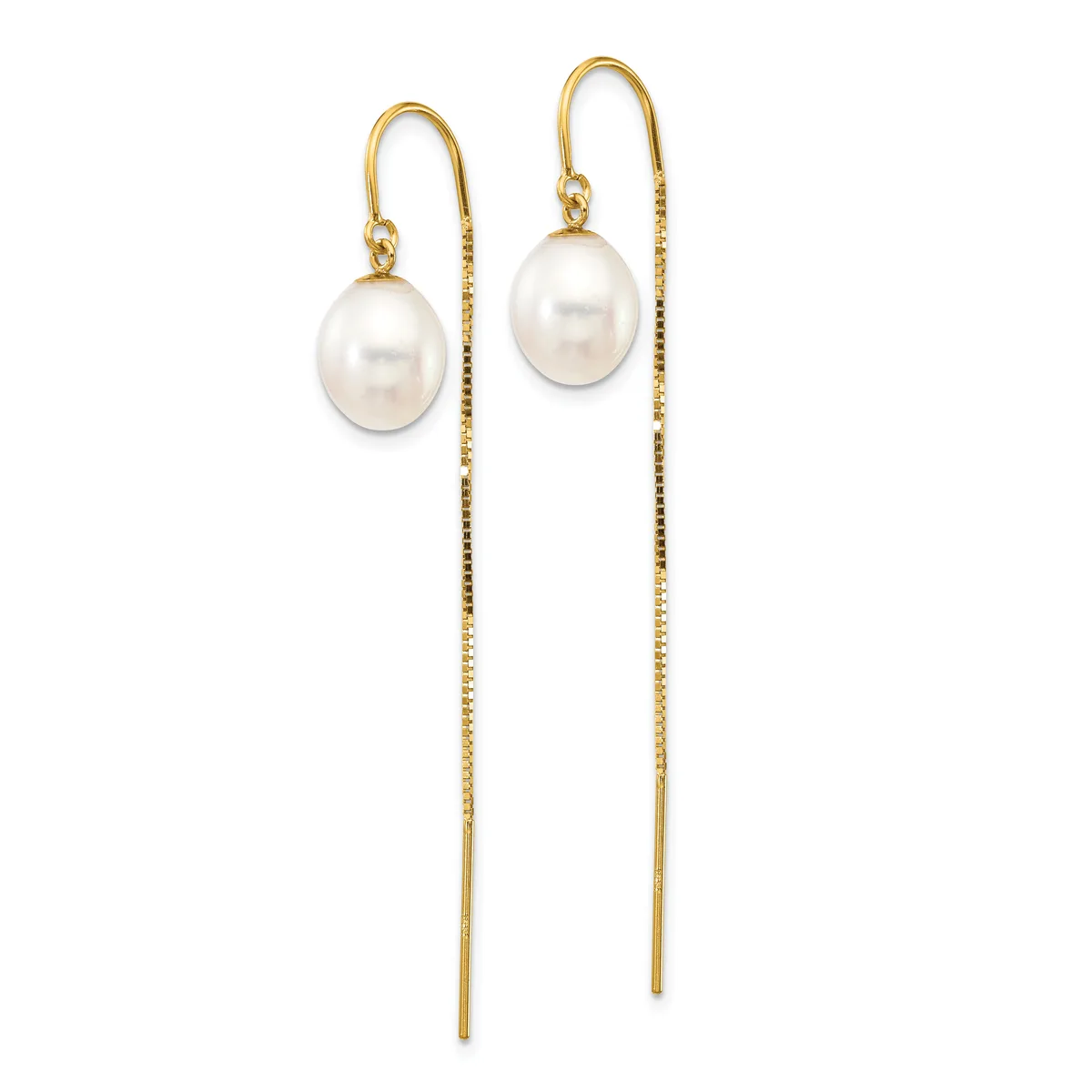 Pair of gold threader earrings with white pearl drops and delicate chain strands extending through the ear.