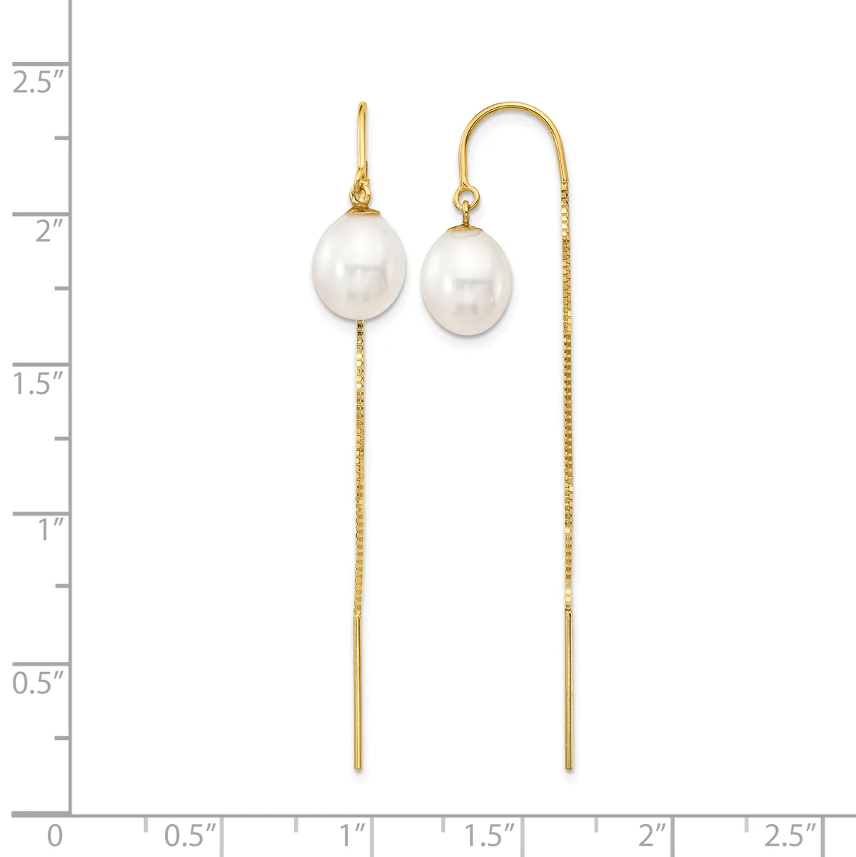 Two gold threader earrings with white pearl drops, displayed against a ruler showing they measure approximately two inches in length.