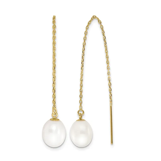 Pair of gold chain threader earrings with white pearl drops suspended from delicate oval link chains.
