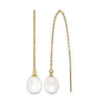 Pair of gold chain threader earrings with white pearl drops suspended from delicate oval link chains.