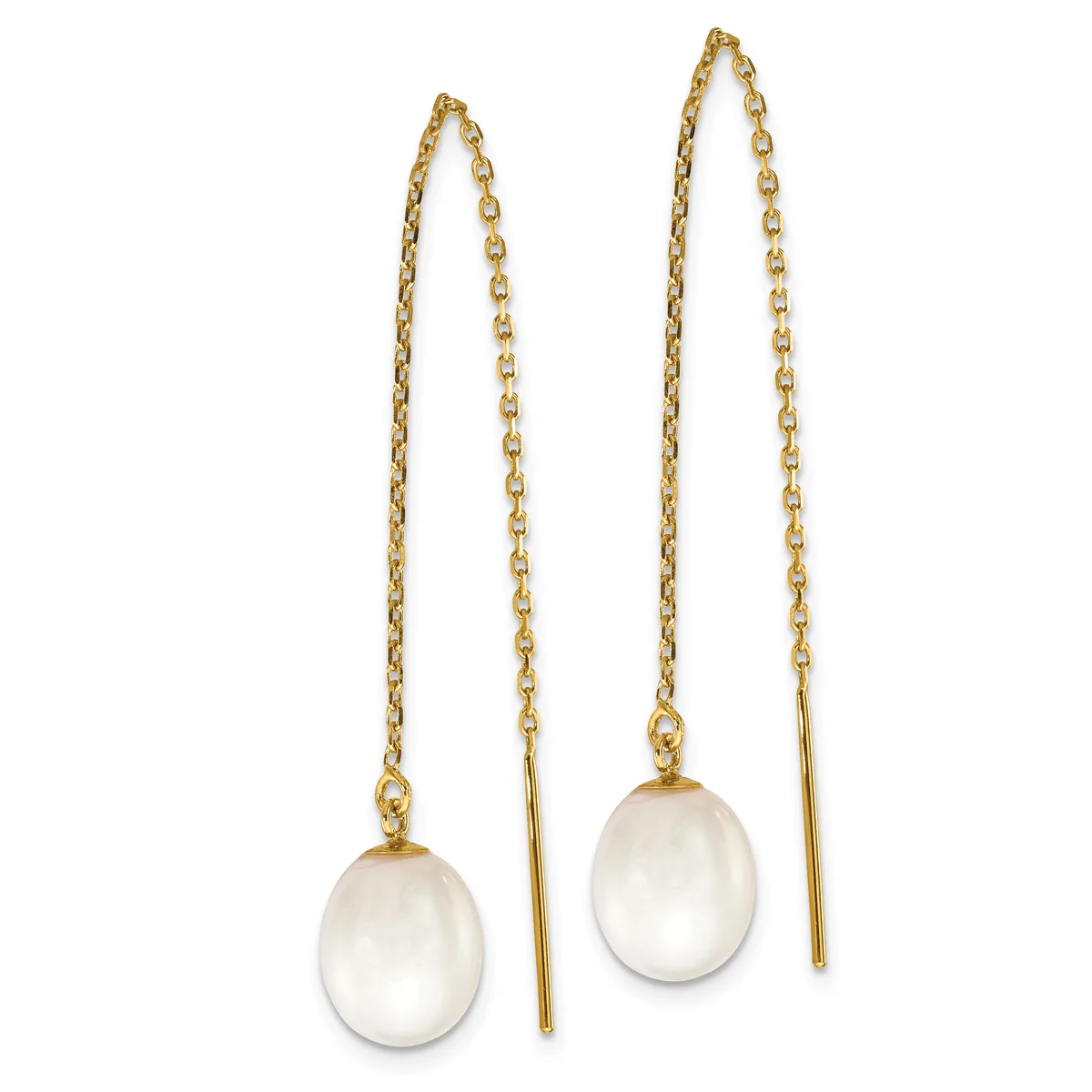 A pair of gold chain threader earrings with white pearl drops, displayed against a white background.
