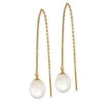 A pair of gold chain threader earrings with white pearl drops, displayed against a white background.