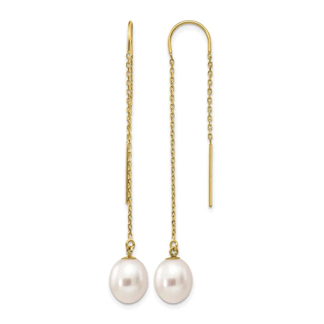 Pair of gold threader earrings with white pearl drops suspended from delicate chain links.