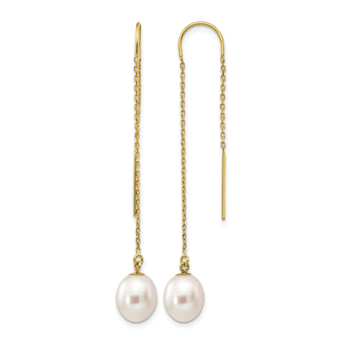 Pair of gold threader earrings with white pearl drops suspended from delicate chain links.