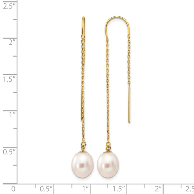 Gold threader earrings with white pearl drops, displayed against a measurement scale showing approximately 2.25 inches in length.