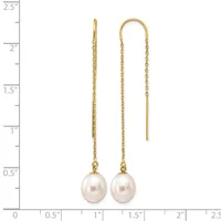Gold threader earrings with white pearl drops, displayed against a measurement scale showing approximately 2.25 inches in length.