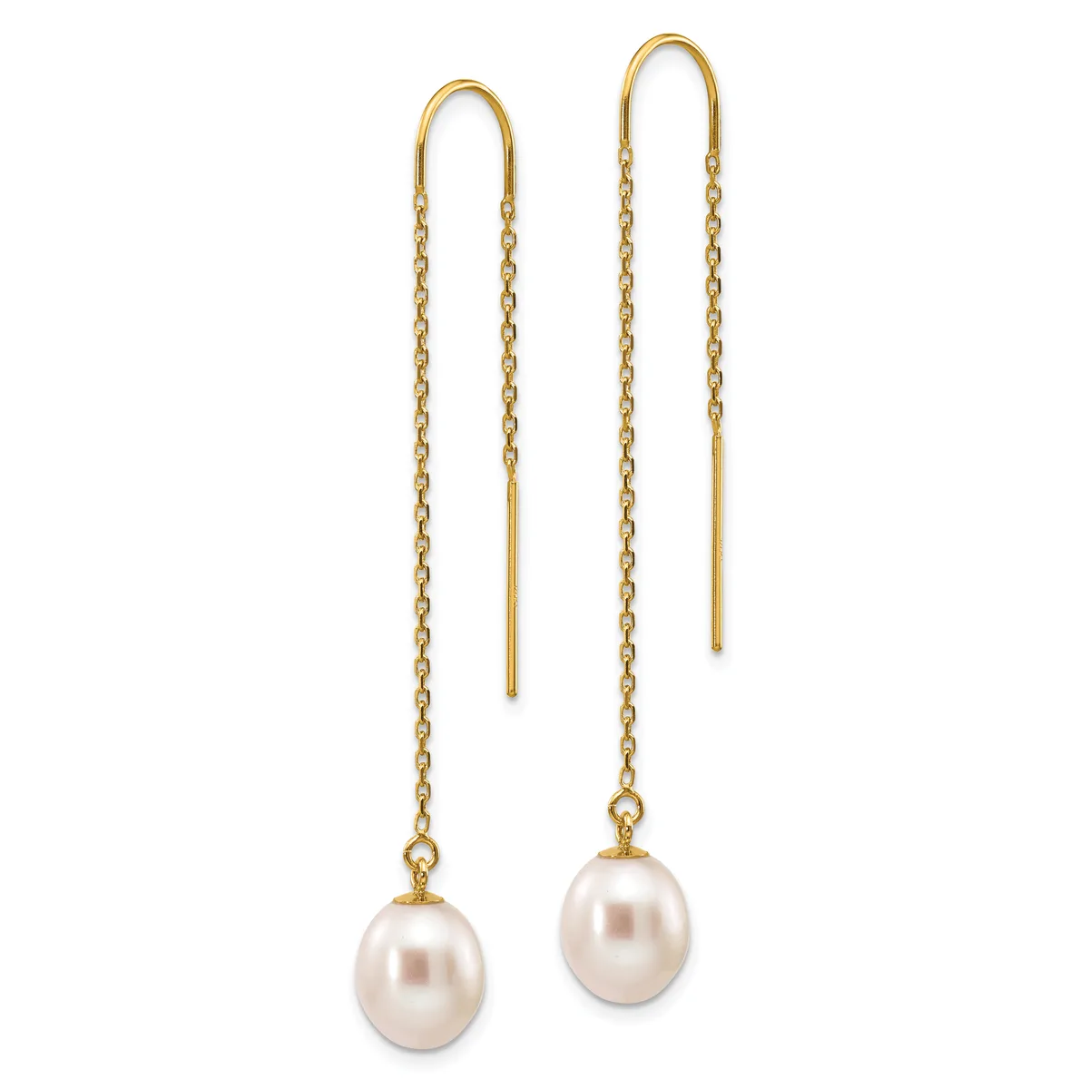 Pair of gold threader earrings with delicate chain links and white pearl drops suspended from curved ear wires.