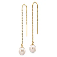 Pair of gold threader earrings with delicate chain links and white pearl drops suspended from curved ear wires.