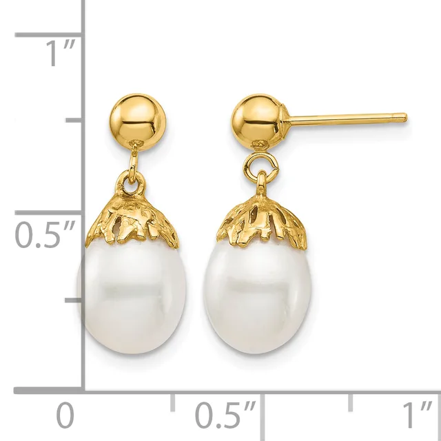 Pair of gold-plated ball stud earrings with white pearl drop pendants and decorative leaf-shaped caps, shown against a measurement scale.