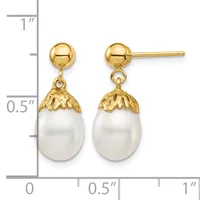 Pair of gold-plated ball stud earrings with white pearl drop pendants and decorative leaf-shaped caps, shown against a measurement scale.