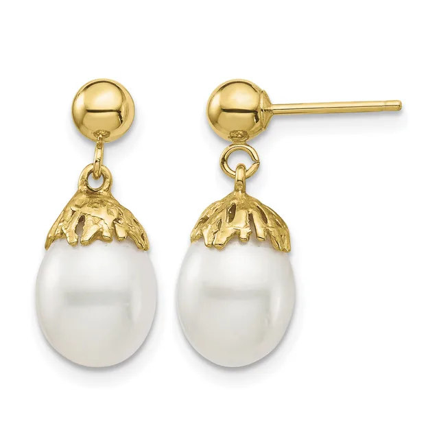 Pair of gold drop earrings with ball studs and decorative caps above white pearl pendants, shown from front and side views.