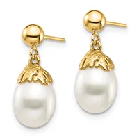 Pair of gold ball stud earrings with decorative caps suspending white pearl teardrop pendants.