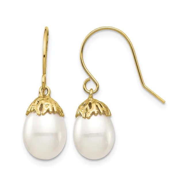 Pair of gold-tone drop earrings with white pearl oval pendants topped by decorative filigree caps, shown with one earring featuring a French wire and one a straight hook post.