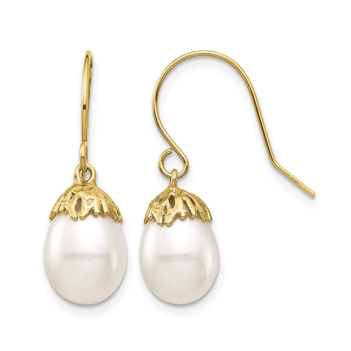 Pair of gold-tone drop earrings with white pearl oval pendants topped by decorative filigree caps, shown with one earring featuring a French wire and one a straight hook post.