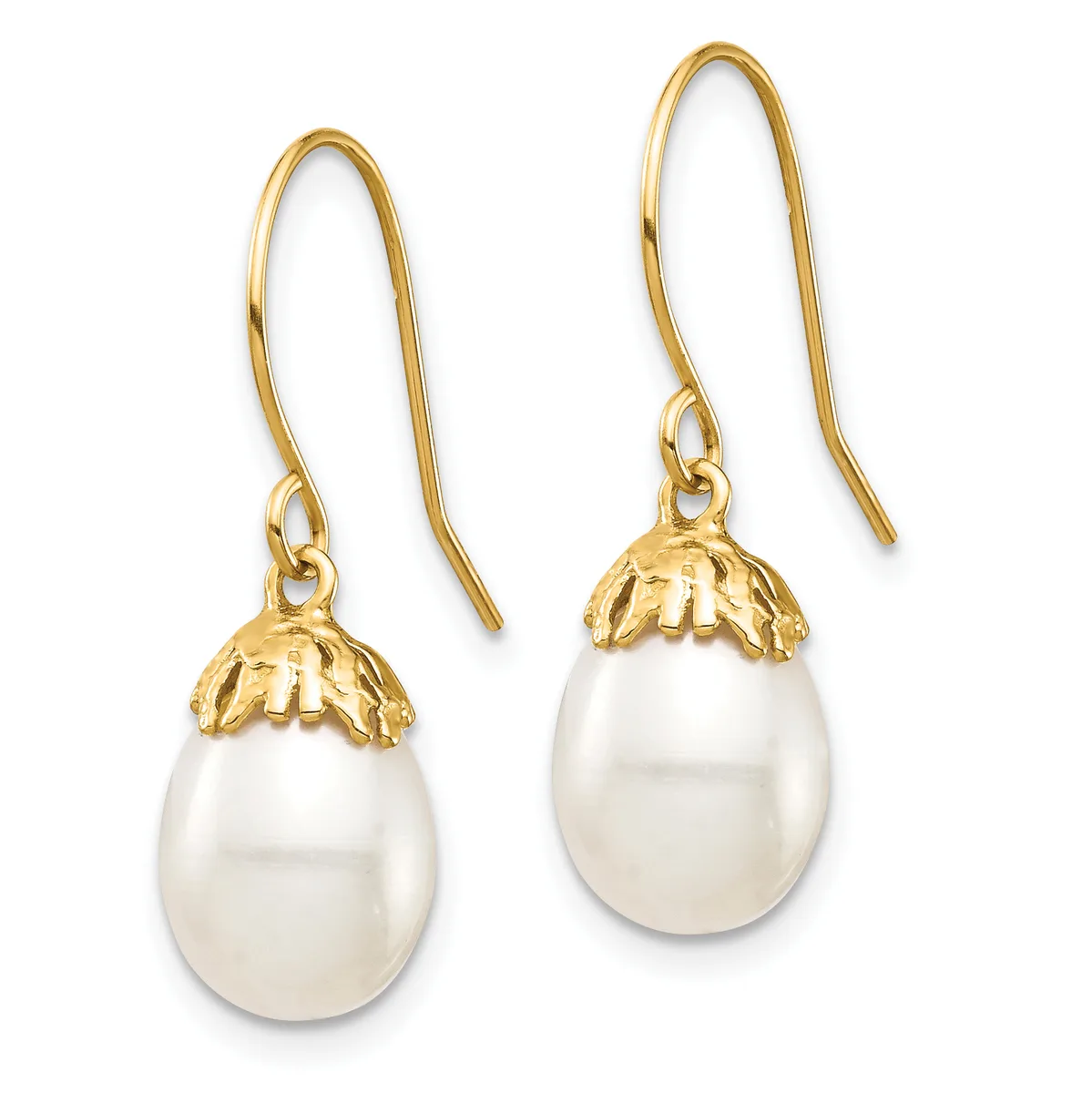 Pair of gold fishhook earrings with white pearl teardrop pendants topped by decorative gold leaf-shaped caps.