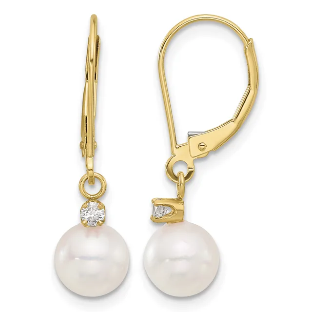 Pair of gold lever-back earrings with round white pearls suspended below small diamond accents, shown from front and side views.