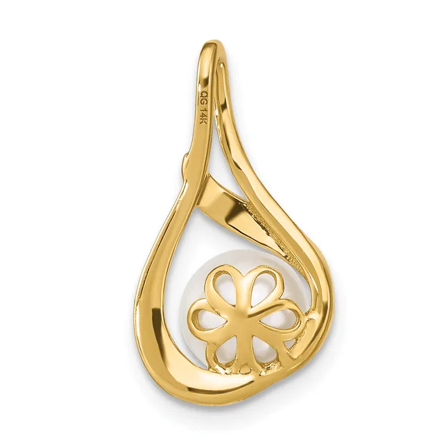 Gold teardrop pendant with a four-petal flower cutout design in the center, shown against a white background.