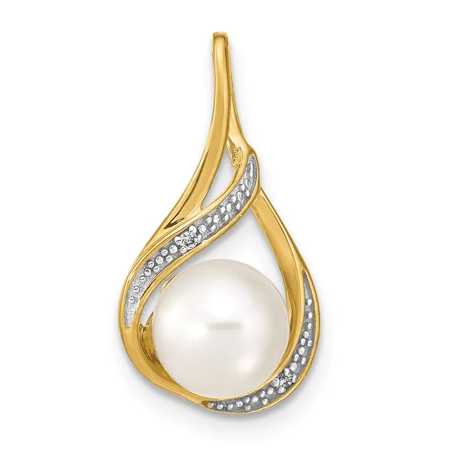 Gold teardrop pendant with a white pearl at the center, surrounded by curved gold bands decorated with small diamonds.