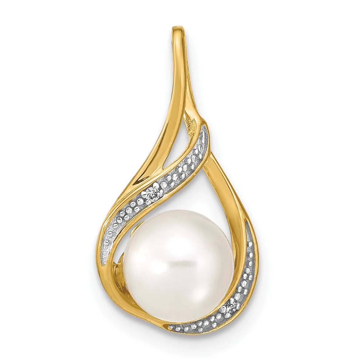 Gold teardrop pendant with a white pearl at the center, surrounded by curved gold bands decorated with small diamonds.