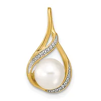 Gold teardrop pendant with a white pearl at the center, surrounded by curved gold bands decorated with small diamonds.