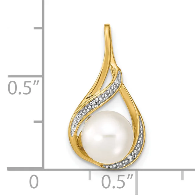 Gold teardrop pendant with white pearl center surrounded by diamond accents, shown next to a ruler measuring approximately 0.5 inches wide and 1 inch tall.