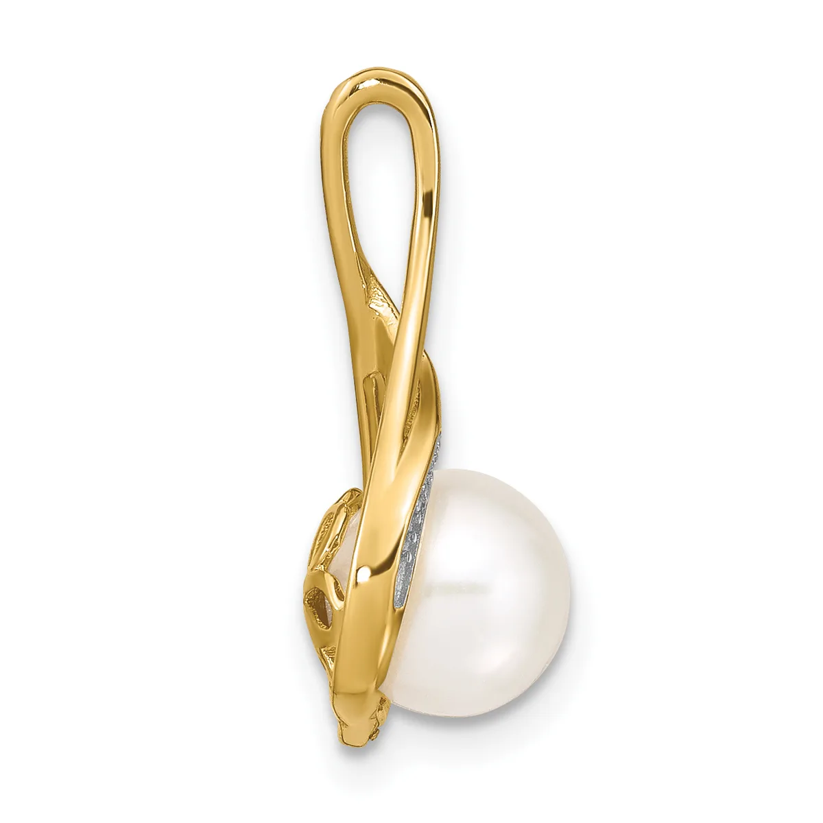 A gold pendant with a twisted loop bail suspending a white pearl, shown against a white background.