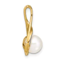 A gold pendant with a twisted loop bail suspending a white pearl, shown against a white background.