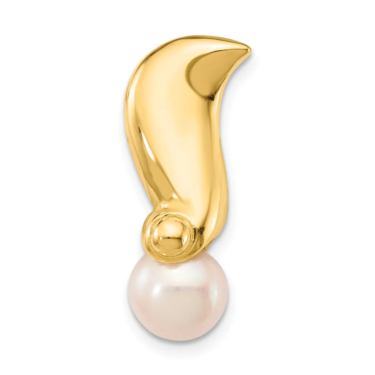 A gold curved pendant with a polished finish suspends a round white pearl at its base.