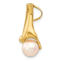 A gold pendant featuring a lustrous pearl suspended from an elegant curved gold bail with a small loop at the top for hanging.