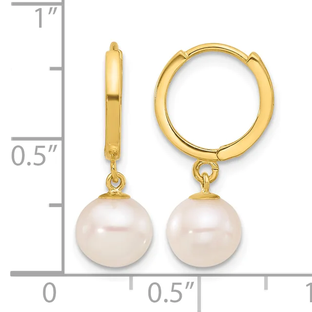 Pair of gold hoop earrings with pearl drops, shown from front and side view next to a measurement scale indicating approximately one inch in length.