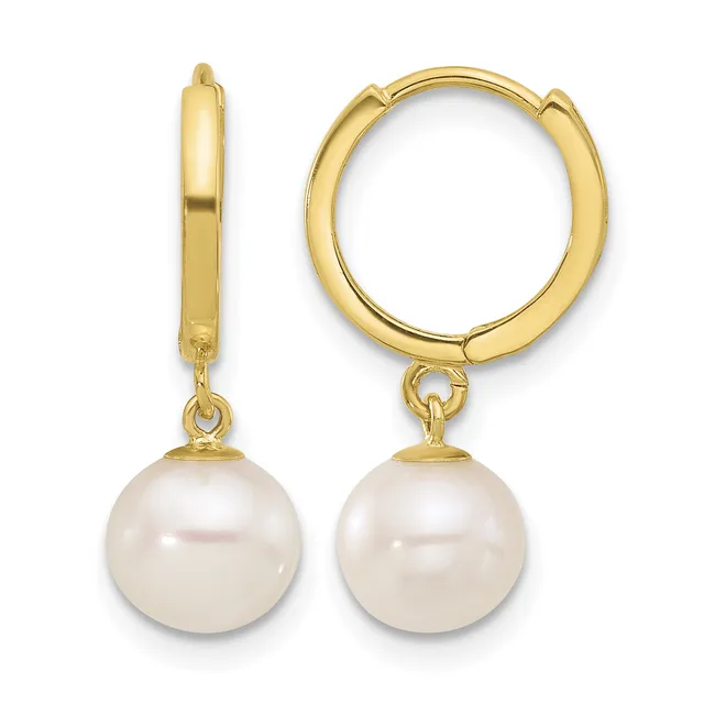 A pair of gold hoop earrings with white pearl drops attached, shown from front and side views.